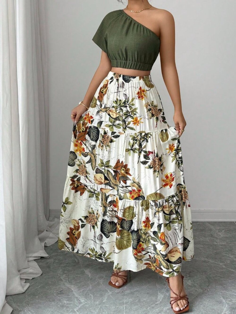 Multicolor Boho Women's Crop Blouse And Ruffle Hem Skirt Two Piece Set - Picture 3 of 6